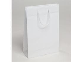 Papiertragetaschen Kunstdruck 150 gm2 weiss, mit Glanzplastifizierung 20 gm2,