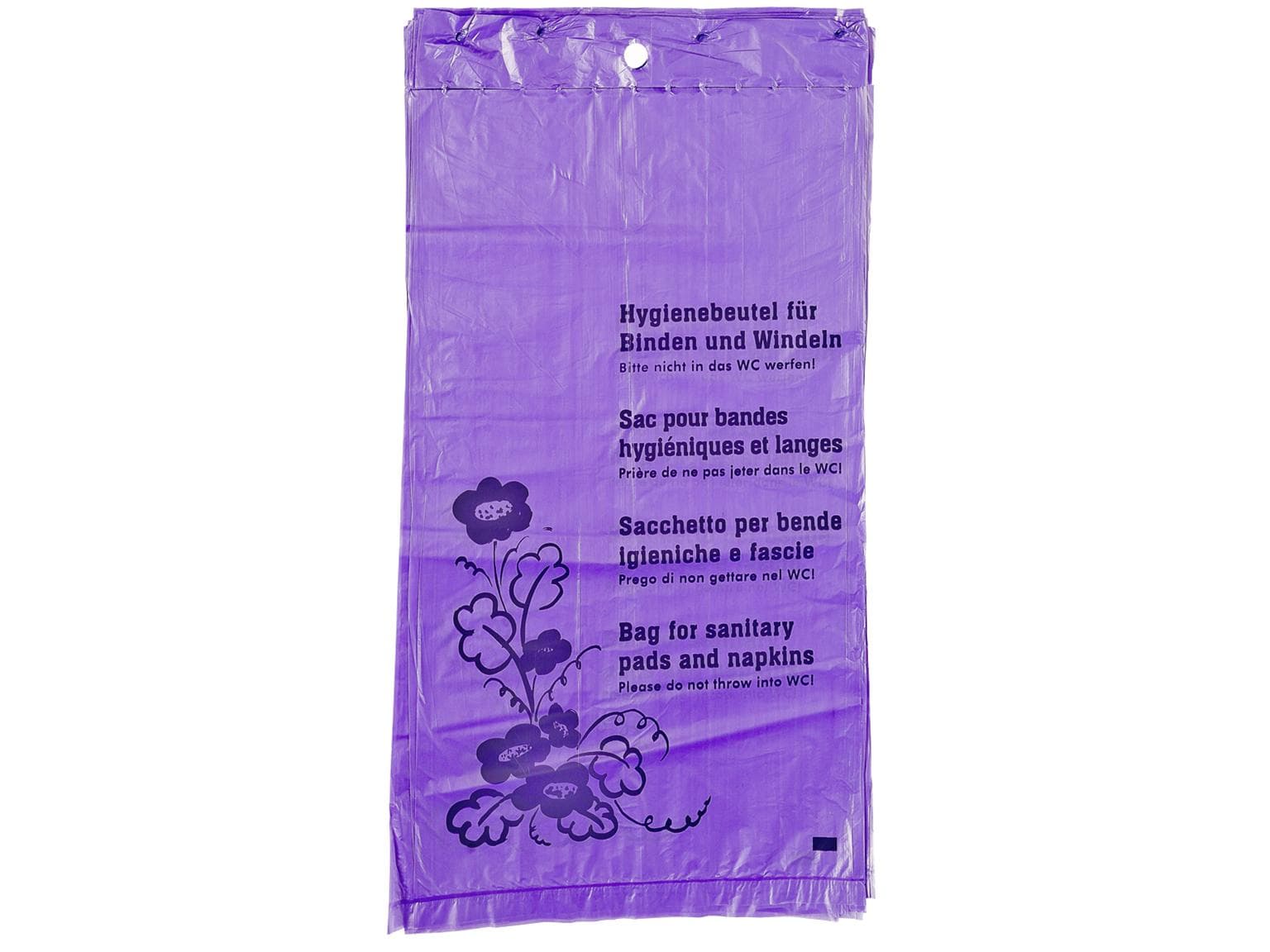 Hygienebeutel lila bedruckt 190 x 330 + 25 mm, geblockt zu 50 Stück