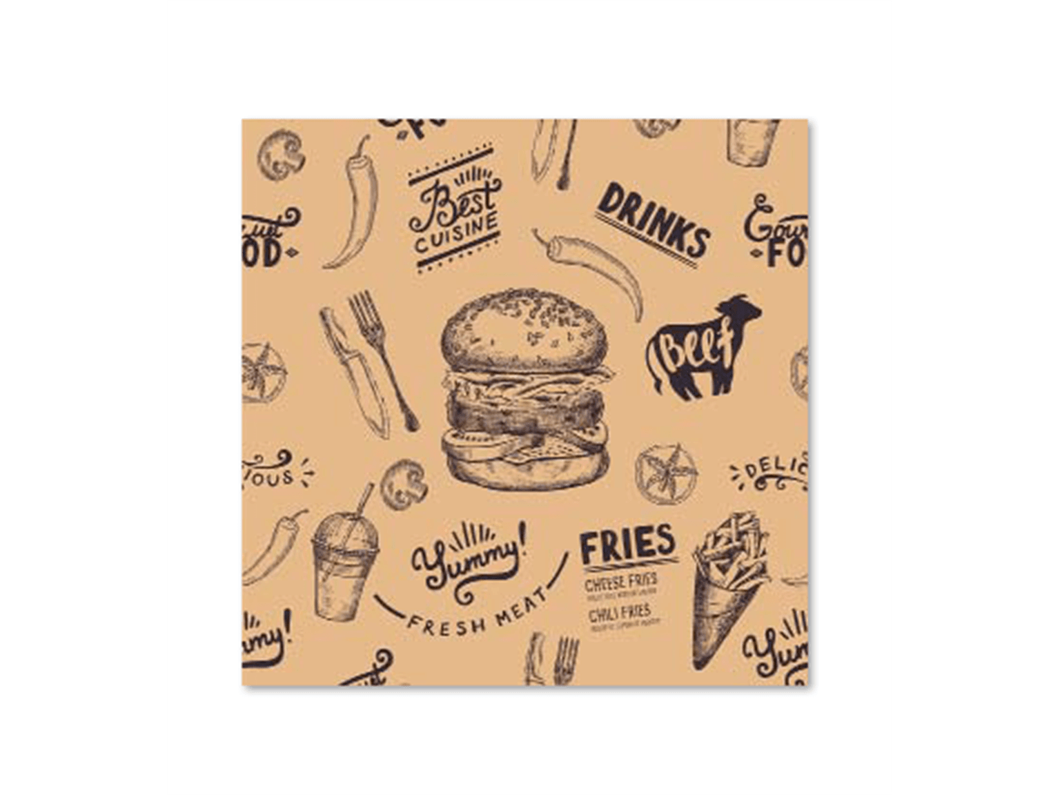 Burger-Papier Pergamentersatz fettdicht, 30 x 30 cm, bedruckt, braun