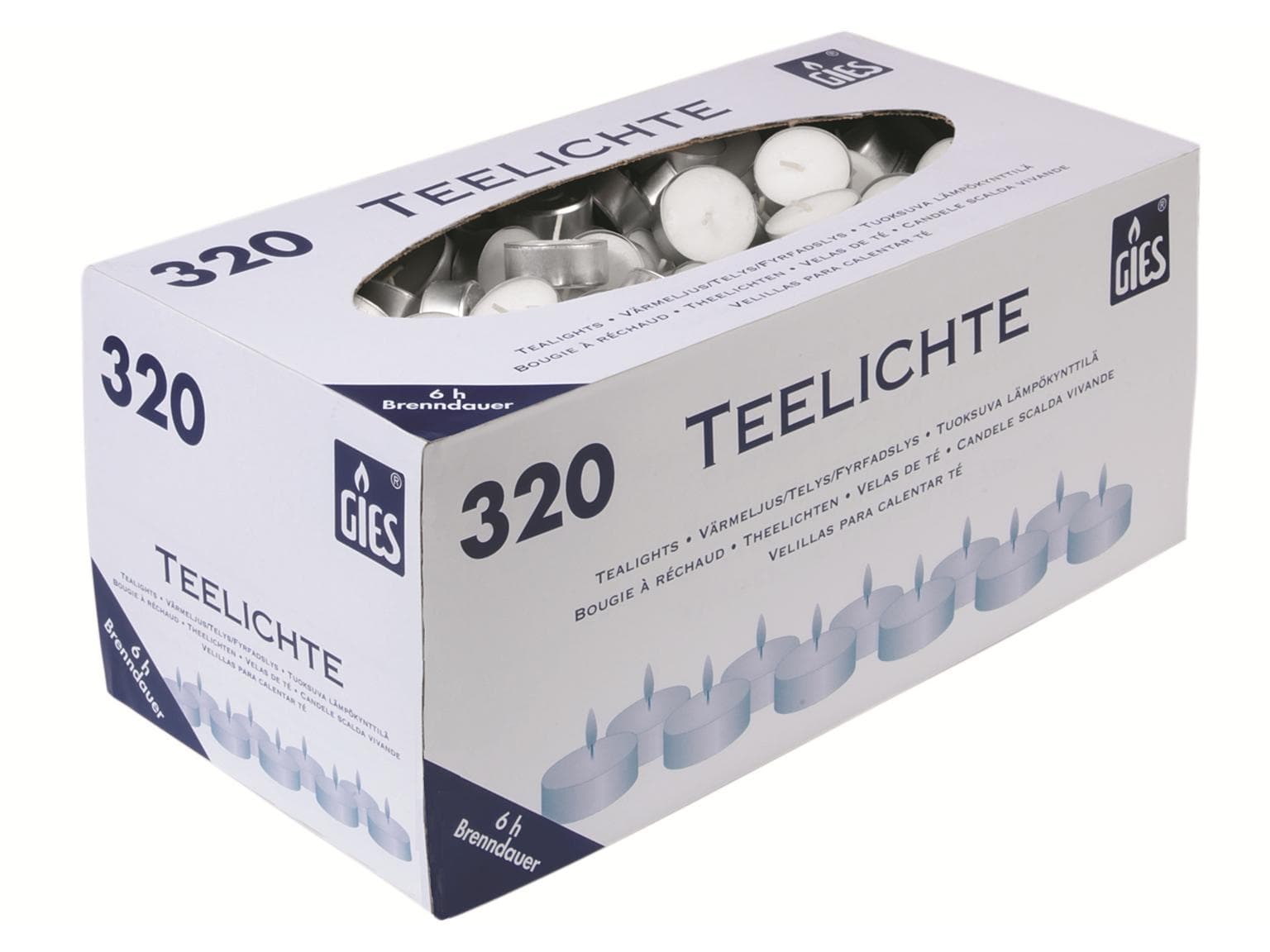 Teelichter weiss in Metallhülse Brenndauer 6 Std., Karton à 320 Stk