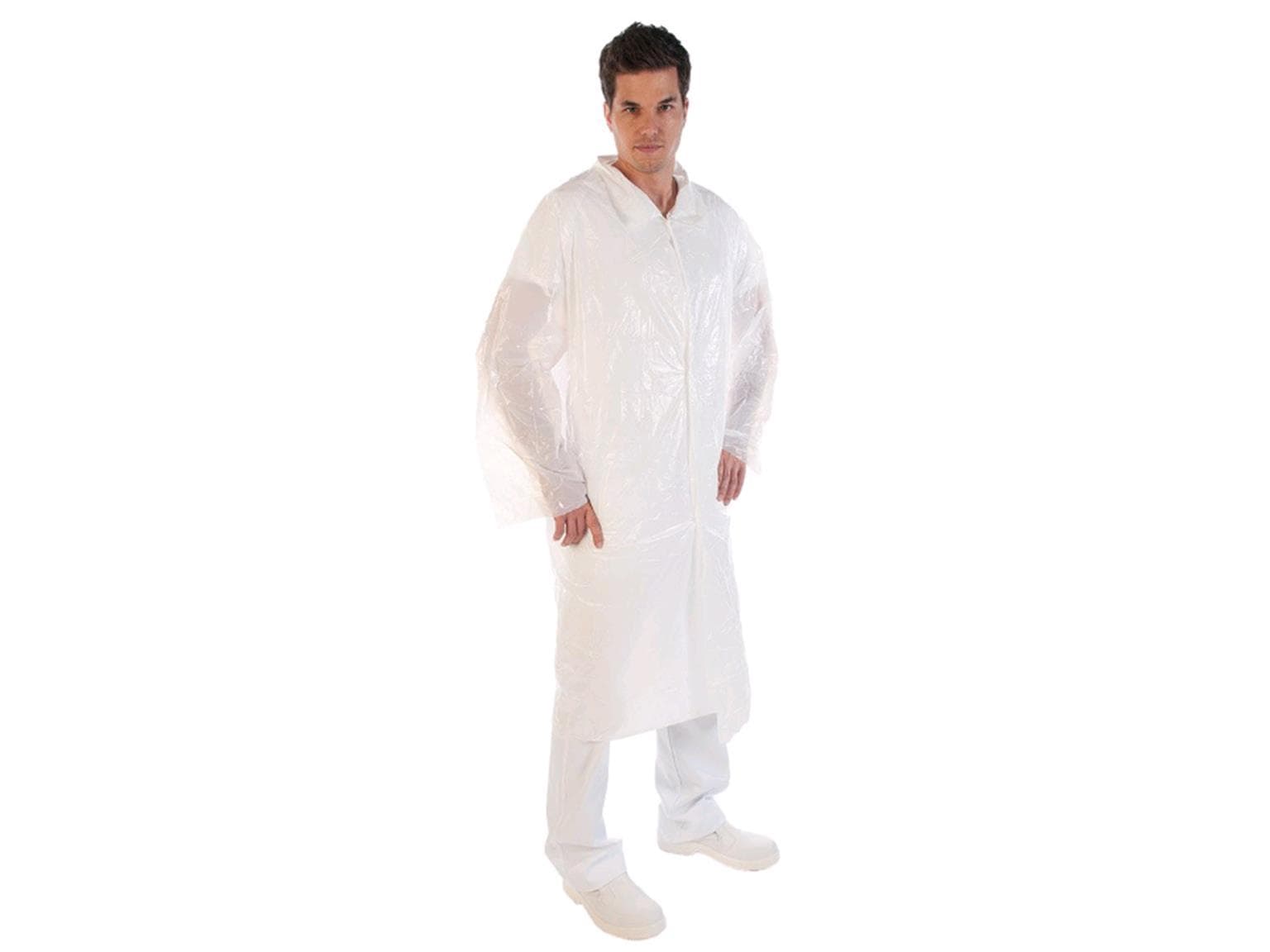 Besucherkittel PE 20 my, 120 cm lang weiss, wasserdicht,