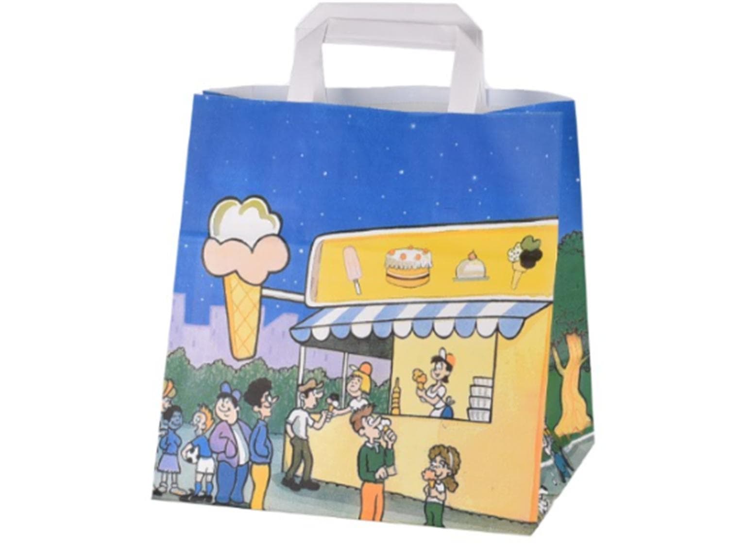 Papiertragetaschen Take-Away aus weissem Kraftpapier 90 gm2, 26 + 18 x 26 cm