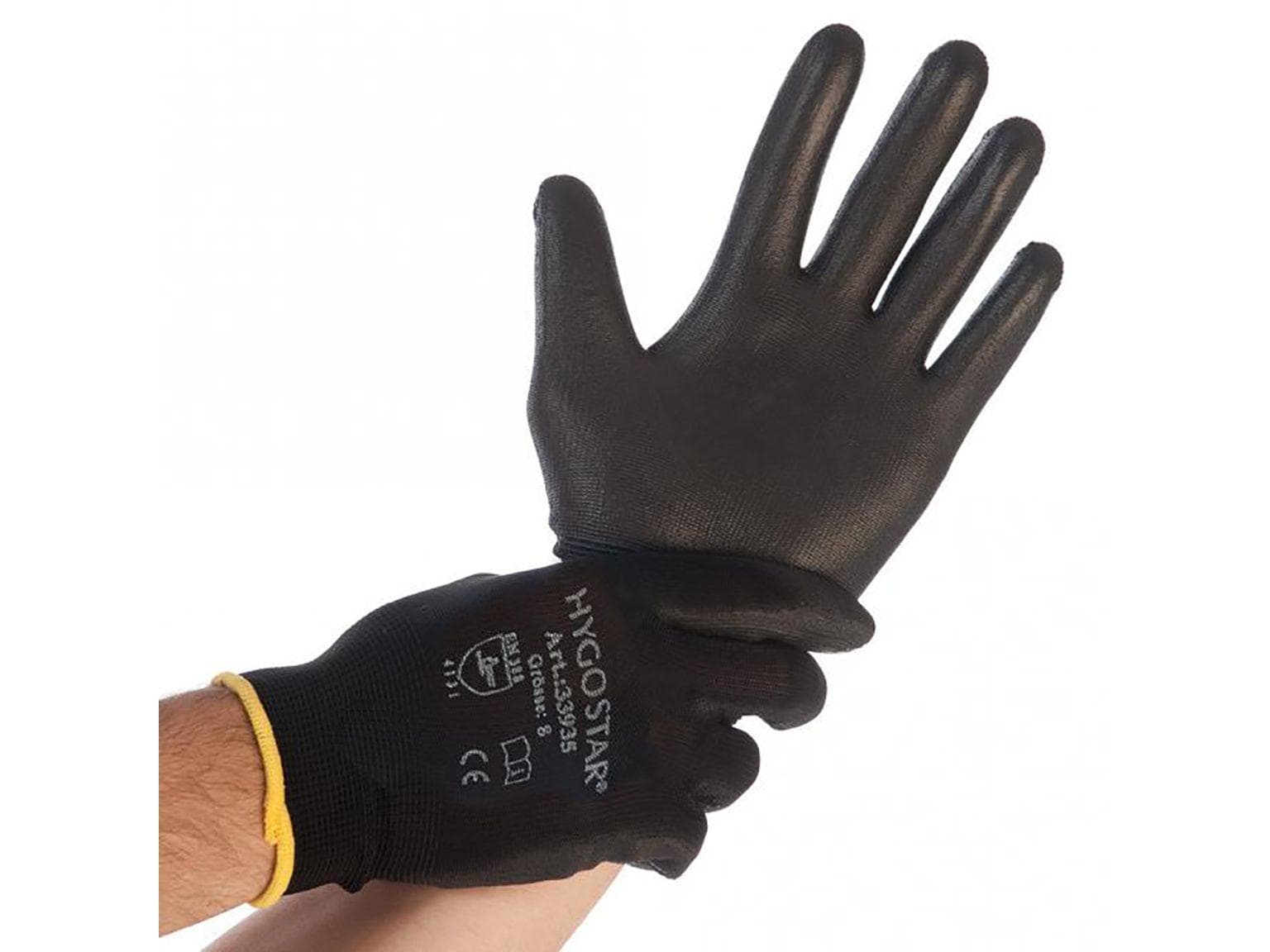 Nylon-Feinstrickhandschuhe BLACK ACE schwarz, Grösse S, 1/4 PU-Beschichtung,