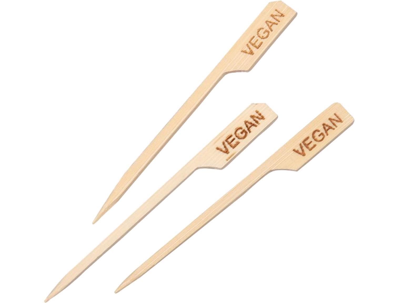 Bambus-Fingerfoodspiess FLAG, 9 cm mit Aufdruck "VEGAN", natur