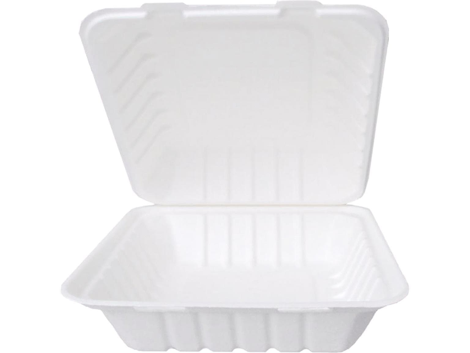 Lunch-/ Hambugerbox aus Bagasse, rechteckig,18.5 x 13.5 x 6.5 cm, weiss