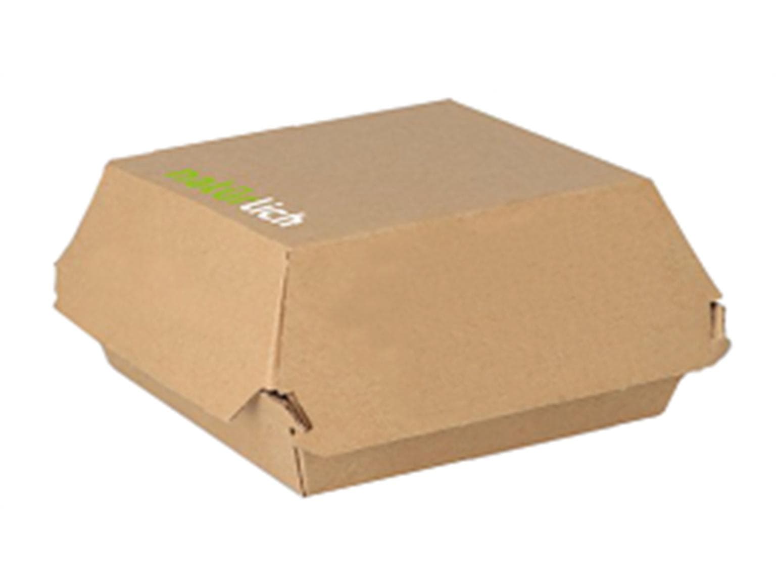 Hamburgerbox eckig aus braunem Karton, 98 x 95 x 66 mm, innen