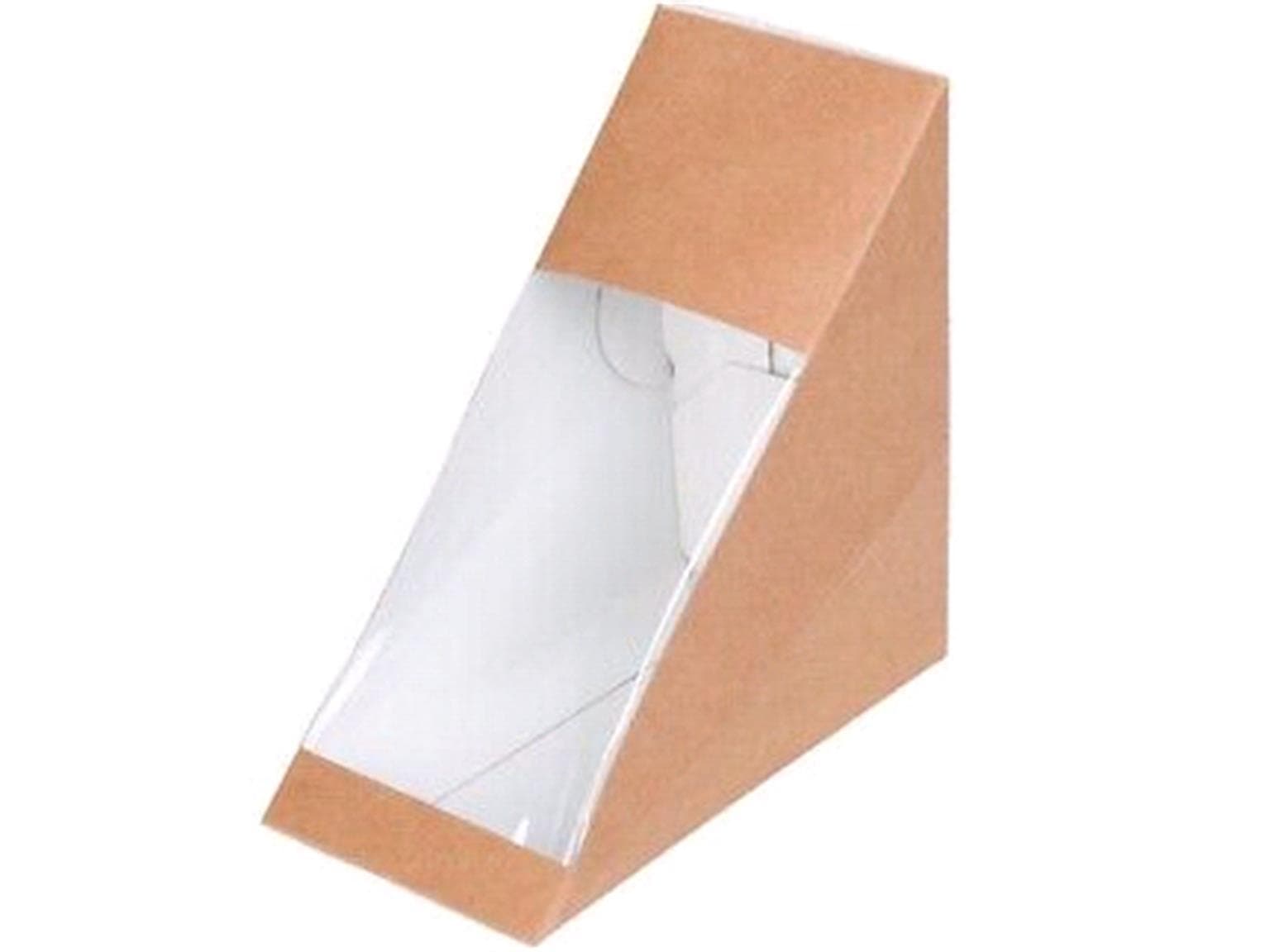 Sandwichverpackung aus braunem Kraft- karton, 123 x 123 x 55 mm, mit Sicht-
