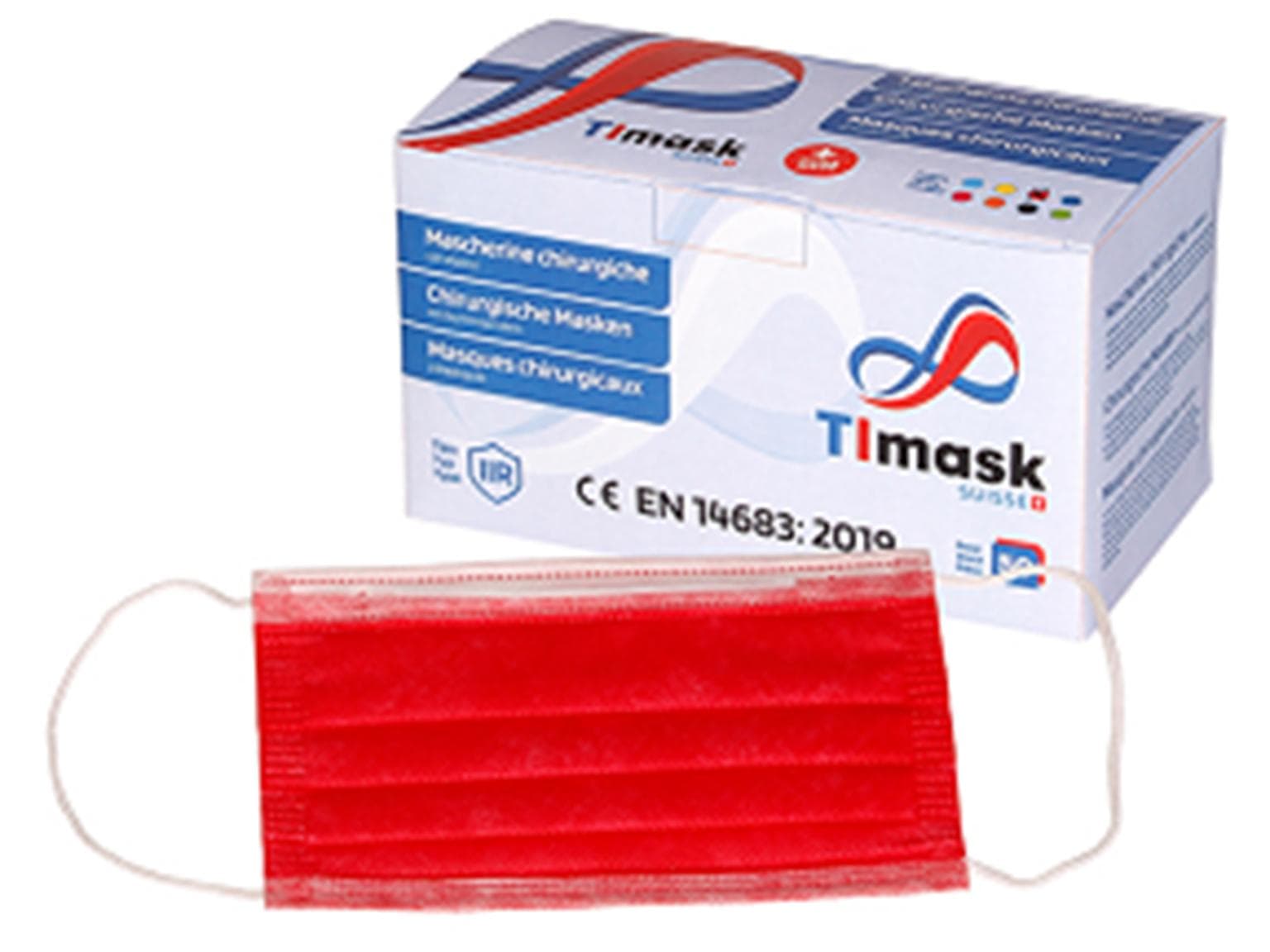 Mundschutzmaske 3-lagig rot, Typ IIR, PP-Vlies, weisse Gummibänder,