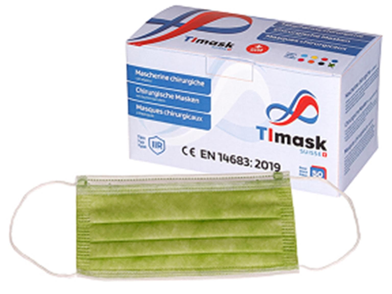 Mundschutzmasken 3-lagig hellgrün, Typ IIR, PP-Vlies, weisse Gummibänder,