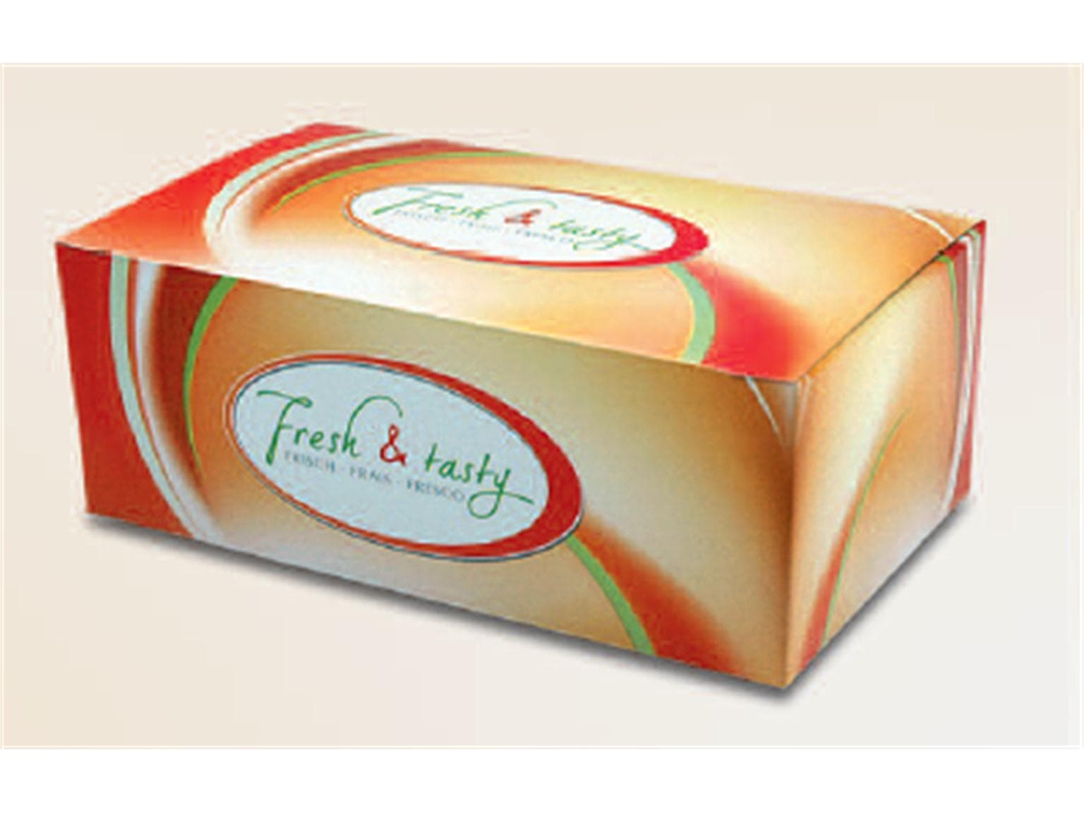 Snack Box aus Karton, mit Standarddruck "Fresh & Tasty", 144 x 85 x 60 mm