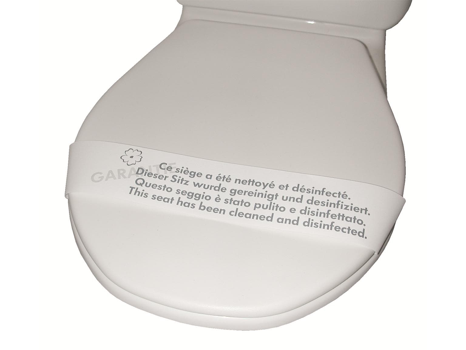 WC-Sitzstreifen 7 x 61 cm, "GARANTIE" 4-sprachig "Dieser Sitz wurde desinf."