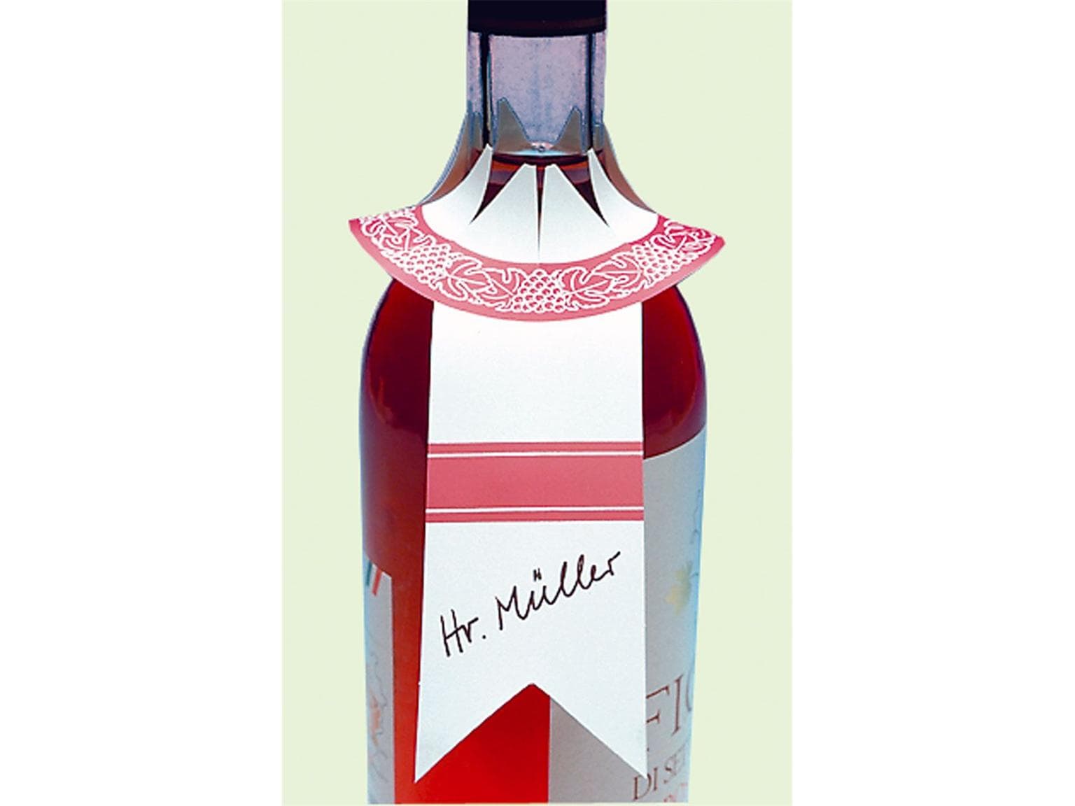 Flaschenrosetten 17 x 8 cm, aus Halbkarton, Wimpelform mit Weinlaubkranz