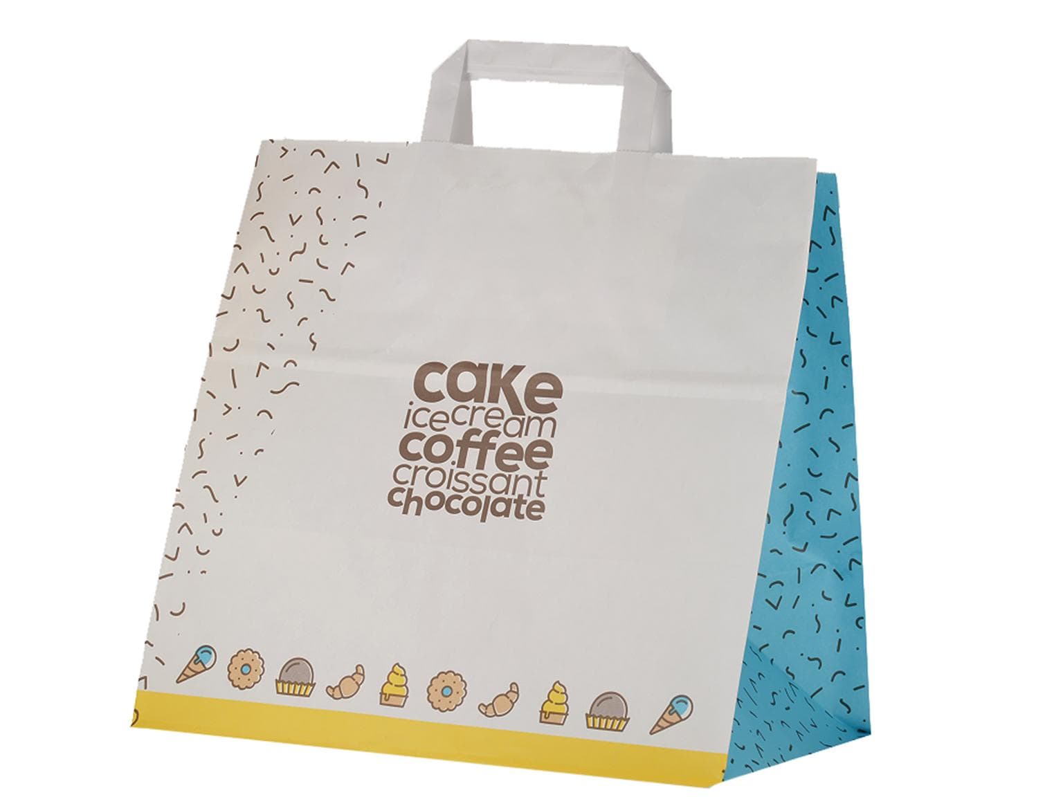 Papiertragetaschen Take-Away aus weissem Kraftpapier 90 gm2, 32 + 20 x 30 cm