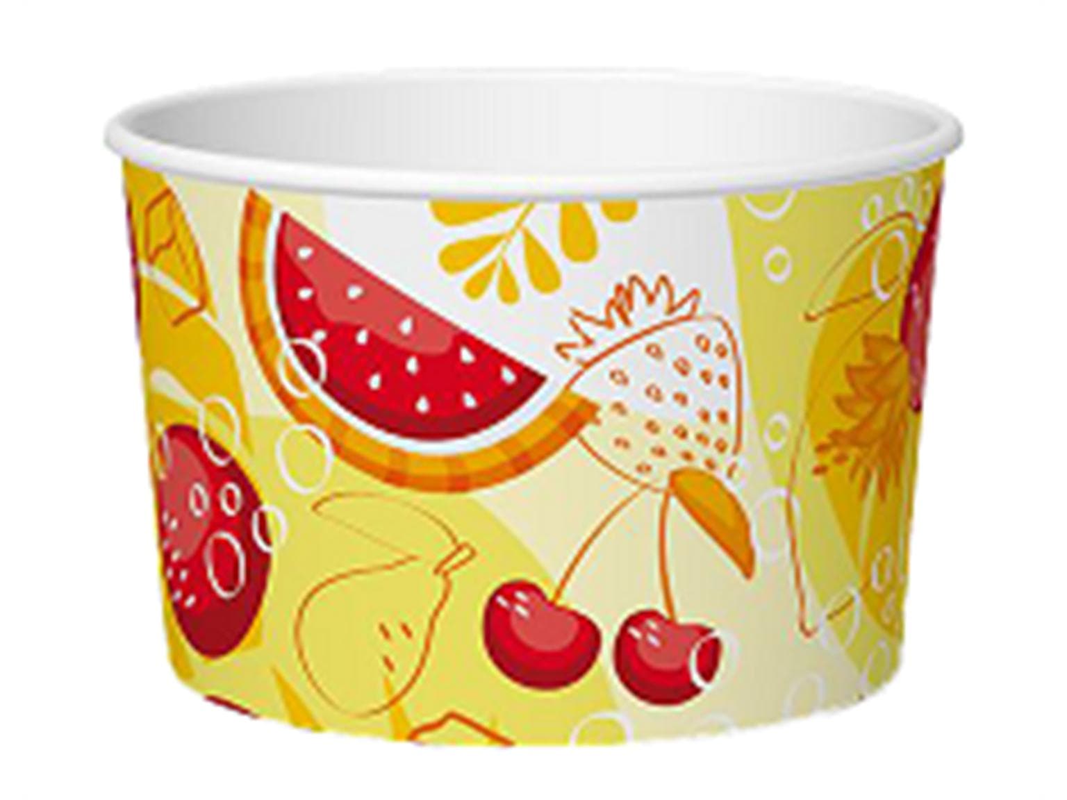 Eisbecher 120 cc (ø 73 mm, Höhe 47 mm), aus Pappe, mit Standarddruck gelb/rot