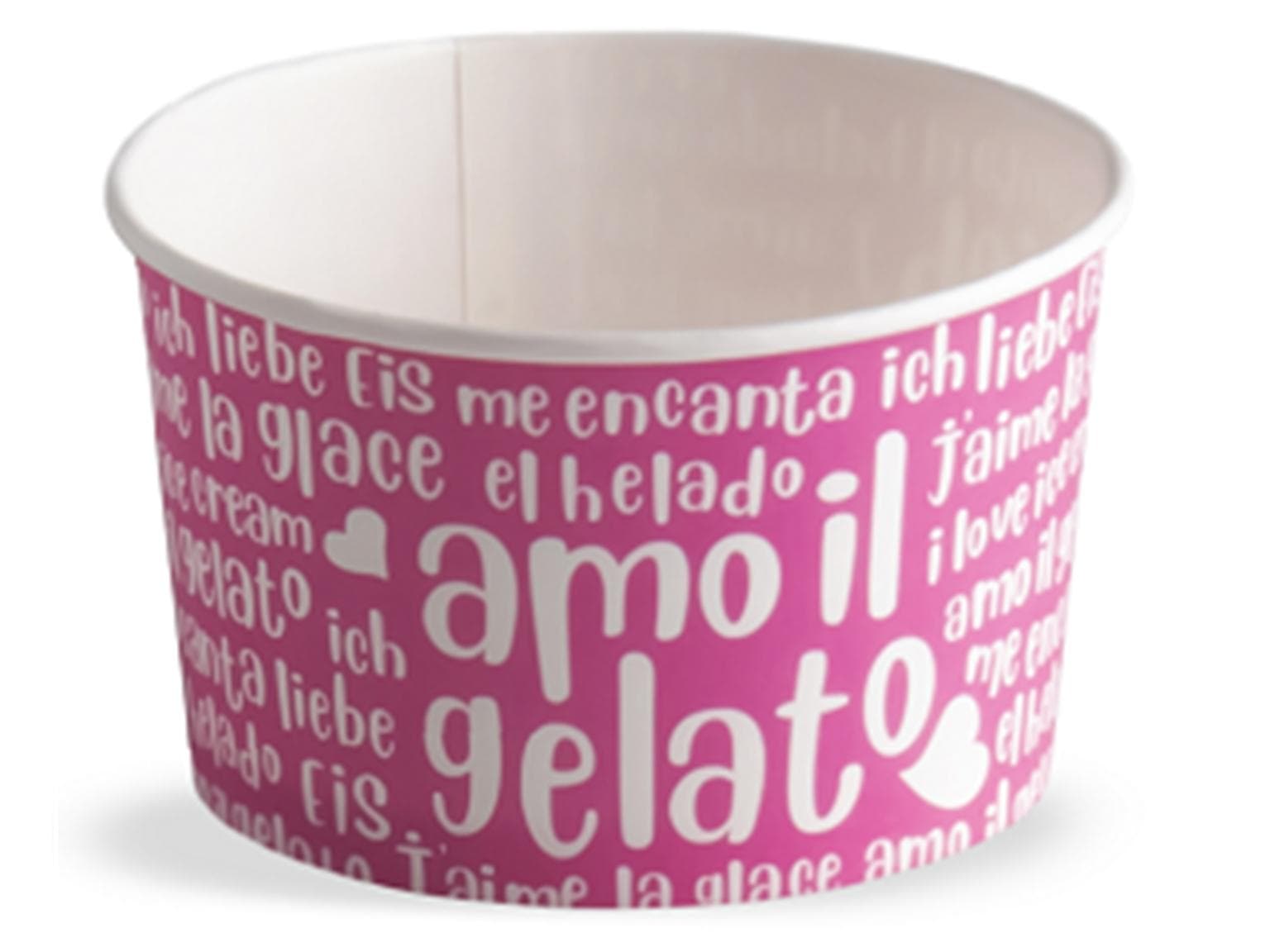 Eisbecher 190 cc (ø 85 mm, Höhe 50 mm), aus Pappe, mit Standarddruck himbeerrot