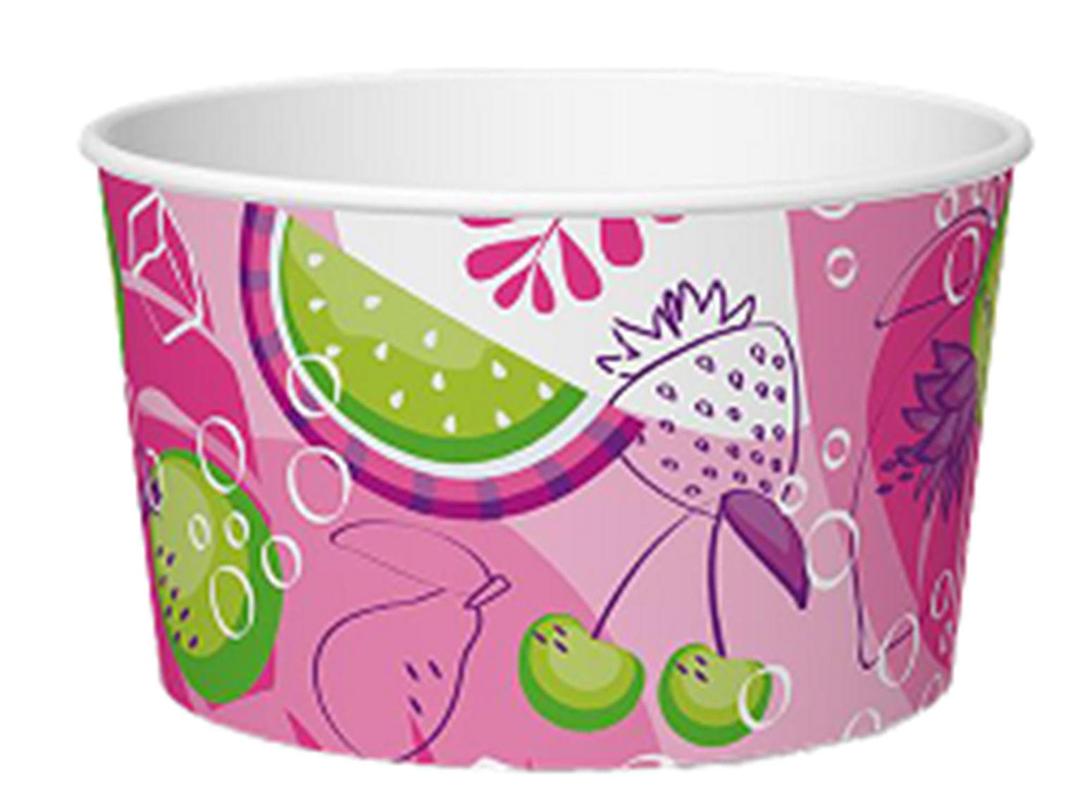 Eisbecher 190 cc (ø 85 mm, Höhe 50 mm), aus Pappe, mit Standarddruck pink/grün