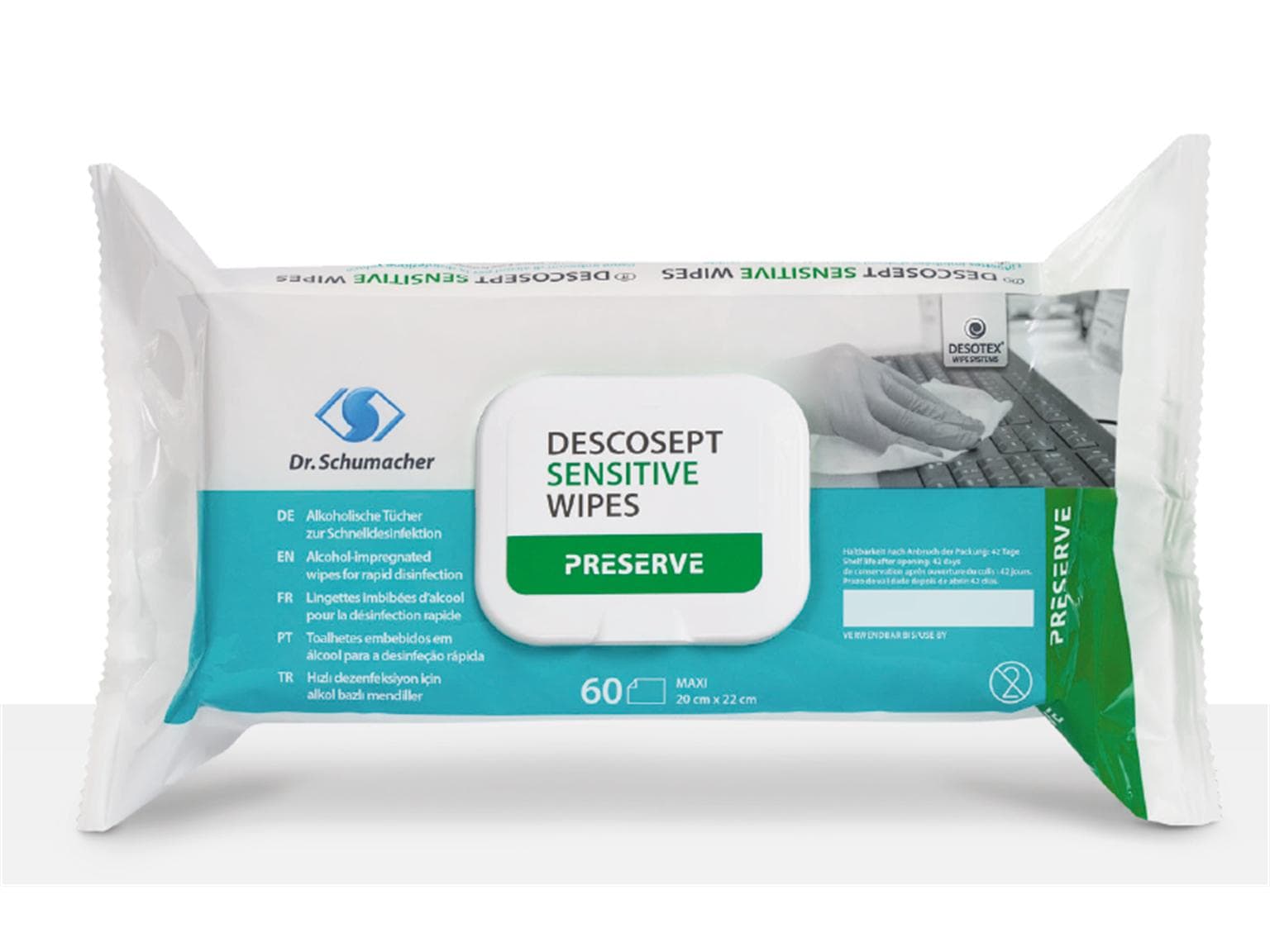 Descosept Sensitive Wipes, 20 x 22 cm, alkoholische Desinfektionstücher, 60 Stk