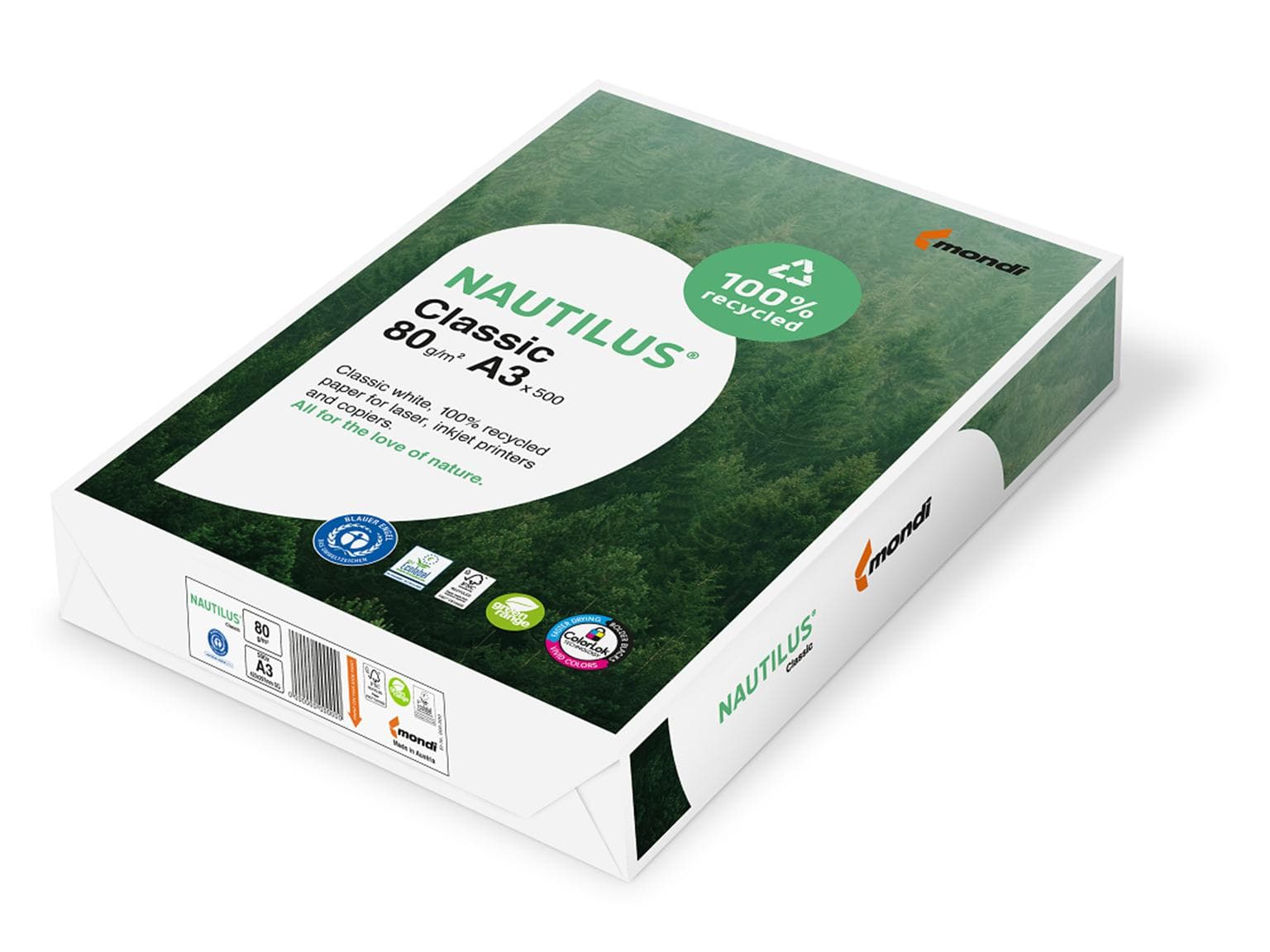 Kopierpapier Nautilus, A3, 80 gm2 100% Recycling, naturweiss (Classic),
