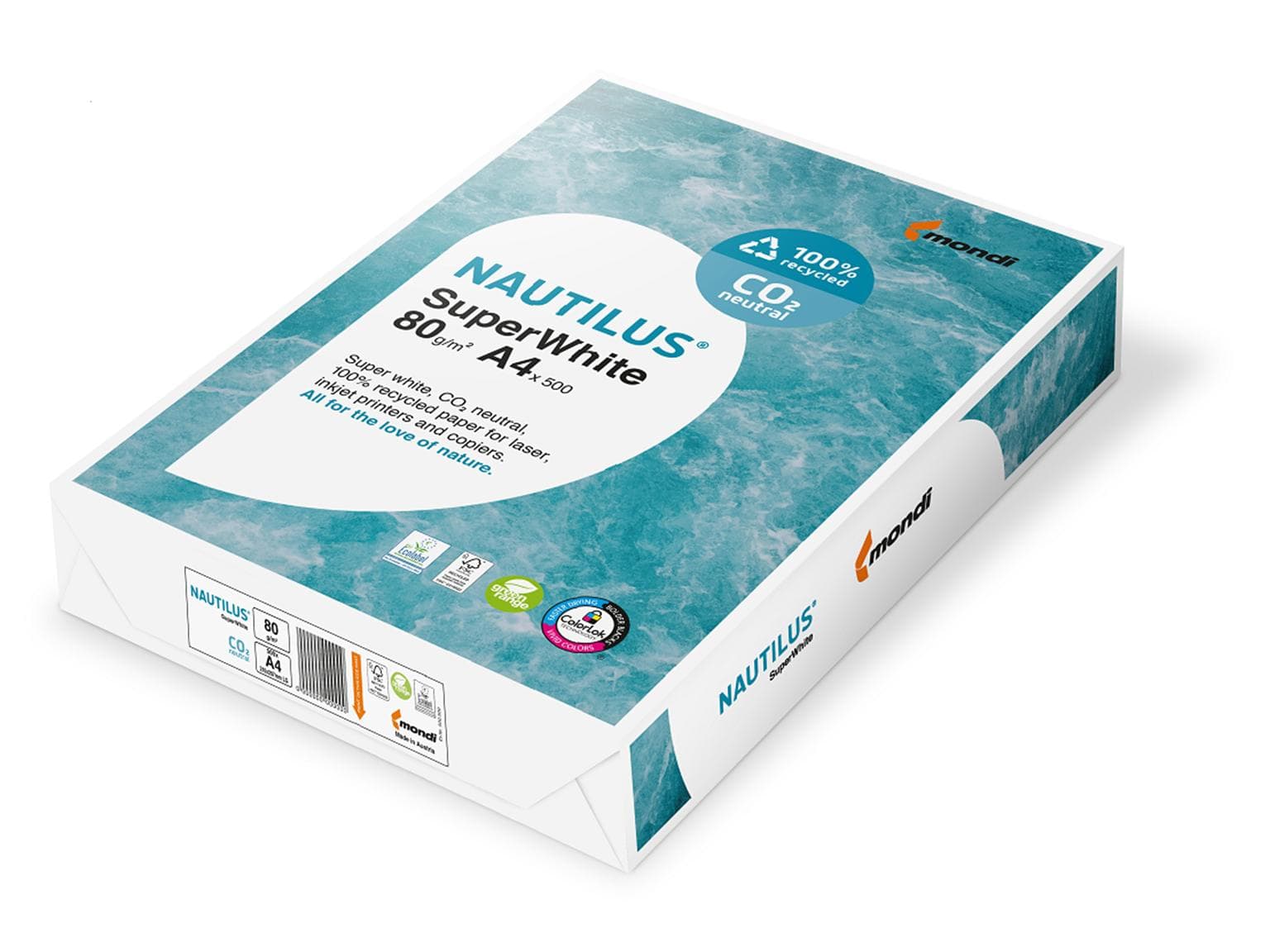 Kopierpapier Nautilus, A4, 80 gm2 100% Recycling, hochweiss (Superwhite),