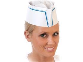 Schiffchenmützen weiss, mit blauer Zierkante, Grösse verstellbar zum