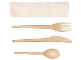 Besteckset Messer + Gabel + Löffel + Serviette, beige, CPLA