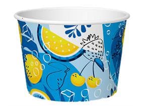 Eisbecher 290 cc (ø 94 mm, Höhe 64 mm), aus Pappe, mit Standarddruck blau/gelb