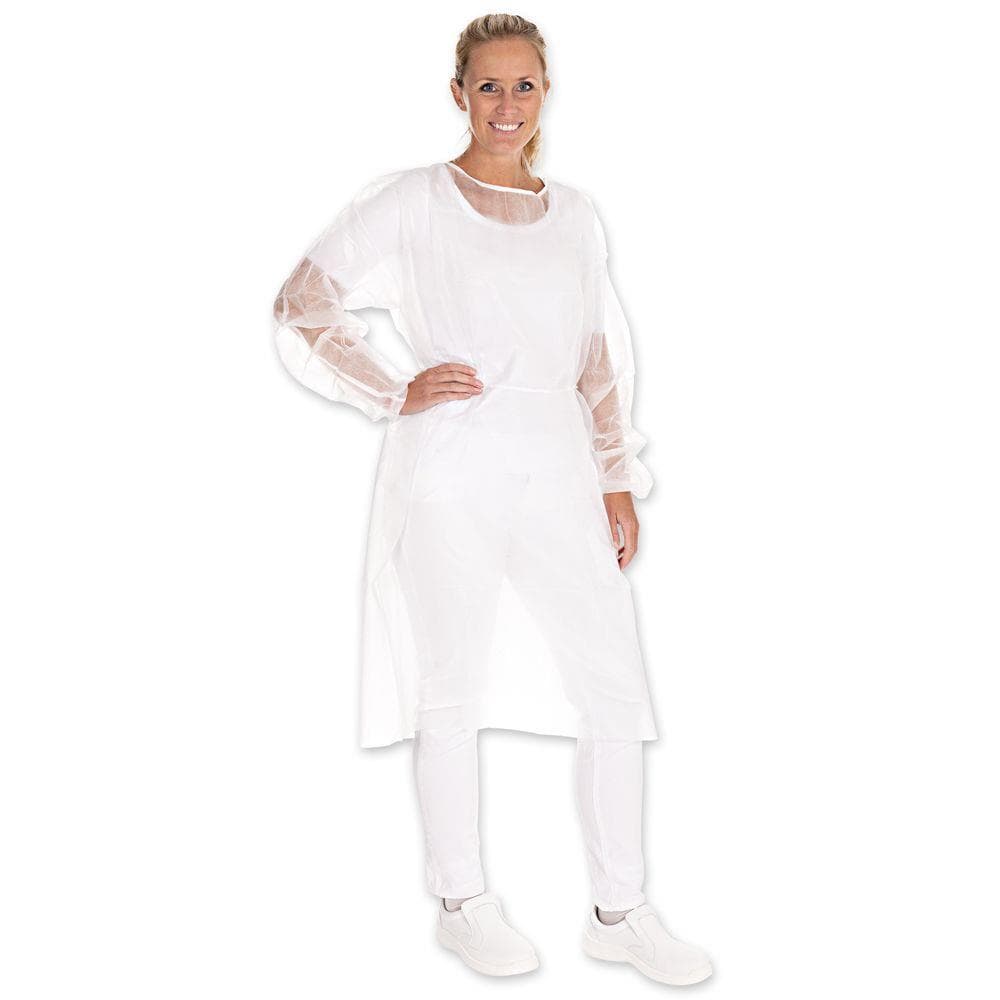 Einwegkittel, PP-Vlies, mit Armgummi, Einheitsgrösse, weiss, Länge: 115 cm,