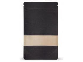 Standbodenbeutel Kraftpapier (PET / CPP) mit Sichtfenster, 085 x 140 mm, Schwarz