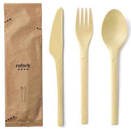 Besteckset aus Holzabfällen 4/1, beige Messer, Gabel, Löffel und Serviette