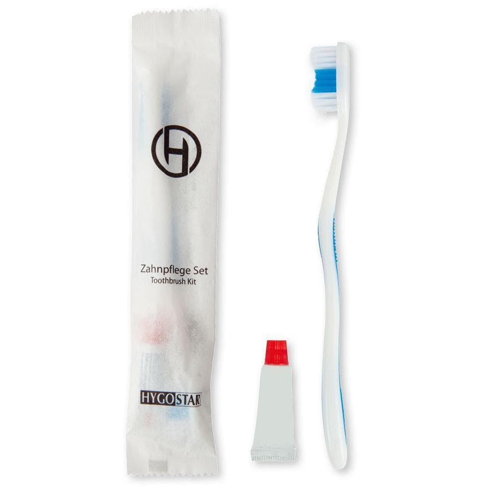 Zahnpflegeset, weiss, zweiteilig, Zahnbürste und kleine Tube Zahnpasta