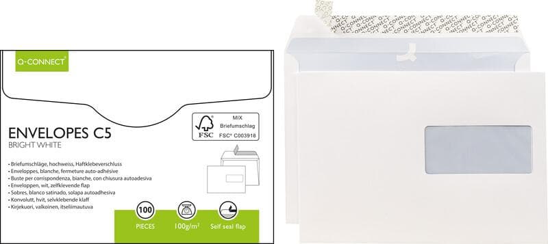Q-CONNECT Briefumschläge C5, mit Haftklebeverschluss, Fenster rechts