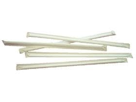 Pailles à boire en PP blanc, longueur 21 cm, Ø 5 mm, avec zone de courbure, emballées individuellement dans du papier