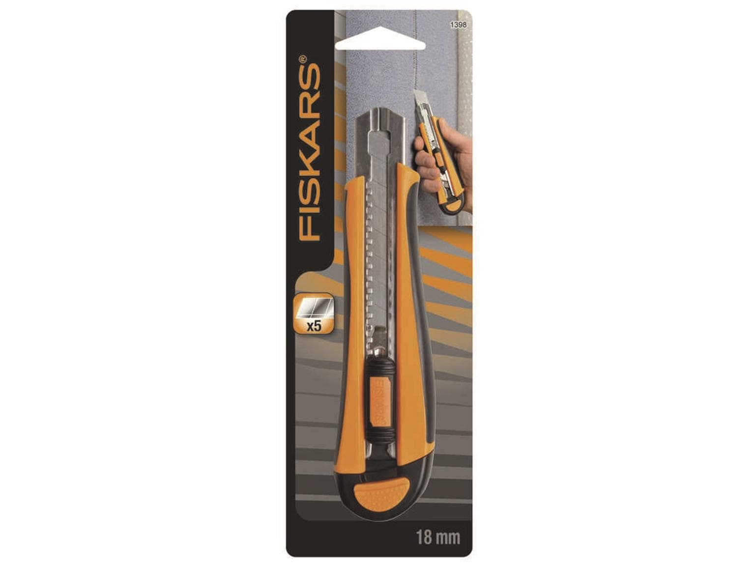 Cutter Fiskars HeavyDuty 18 mm, corps en métal + revêtement en caoutchouc, 5 lames incluses