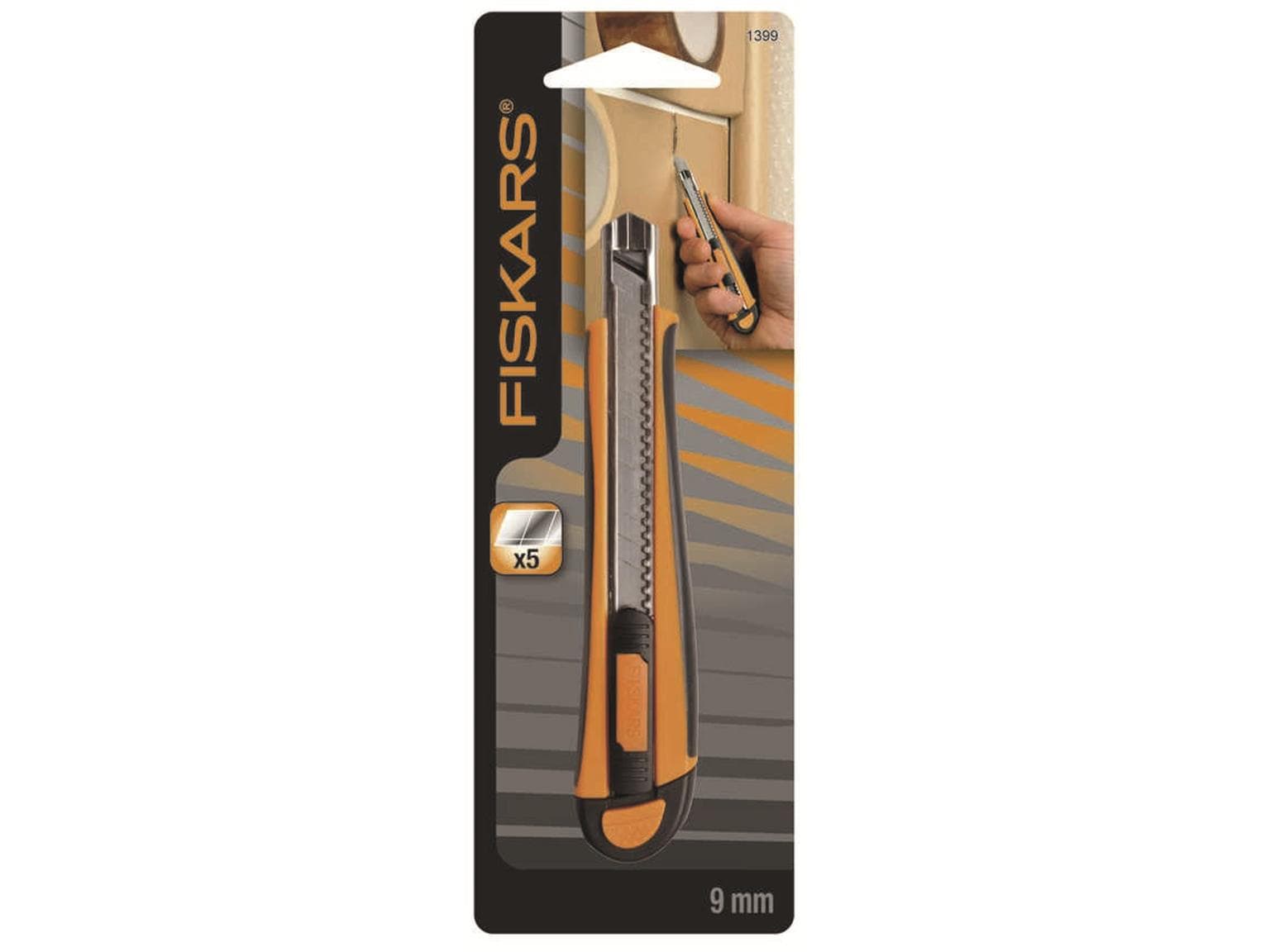 Cutter Fiskars HeavyDuty 9 mm, corps en métal + revêtement en caoutchouc, 5 lames incluses