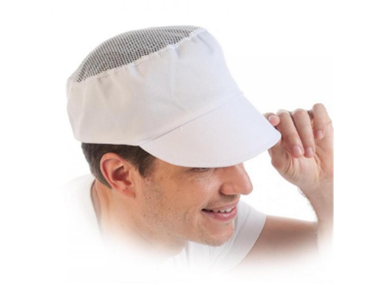 Casquette à visière avec dessus en filet en polycoton, universelle, blanche