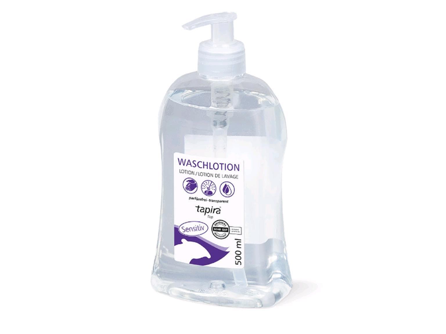 Lozione detergente delicata, senza profumo, trasparente, erogatore a pompa da 500 ml