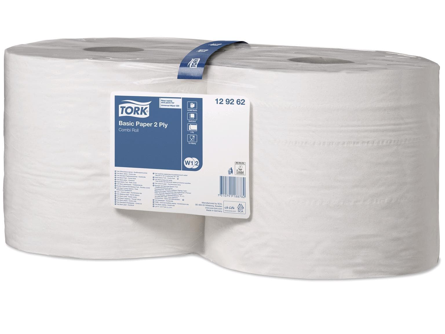 Rouleaux de chiffons de nettoyage Tork Standard, blanc de soie, 2 plis, 1000 feuilles, 23,5 x 34 cm