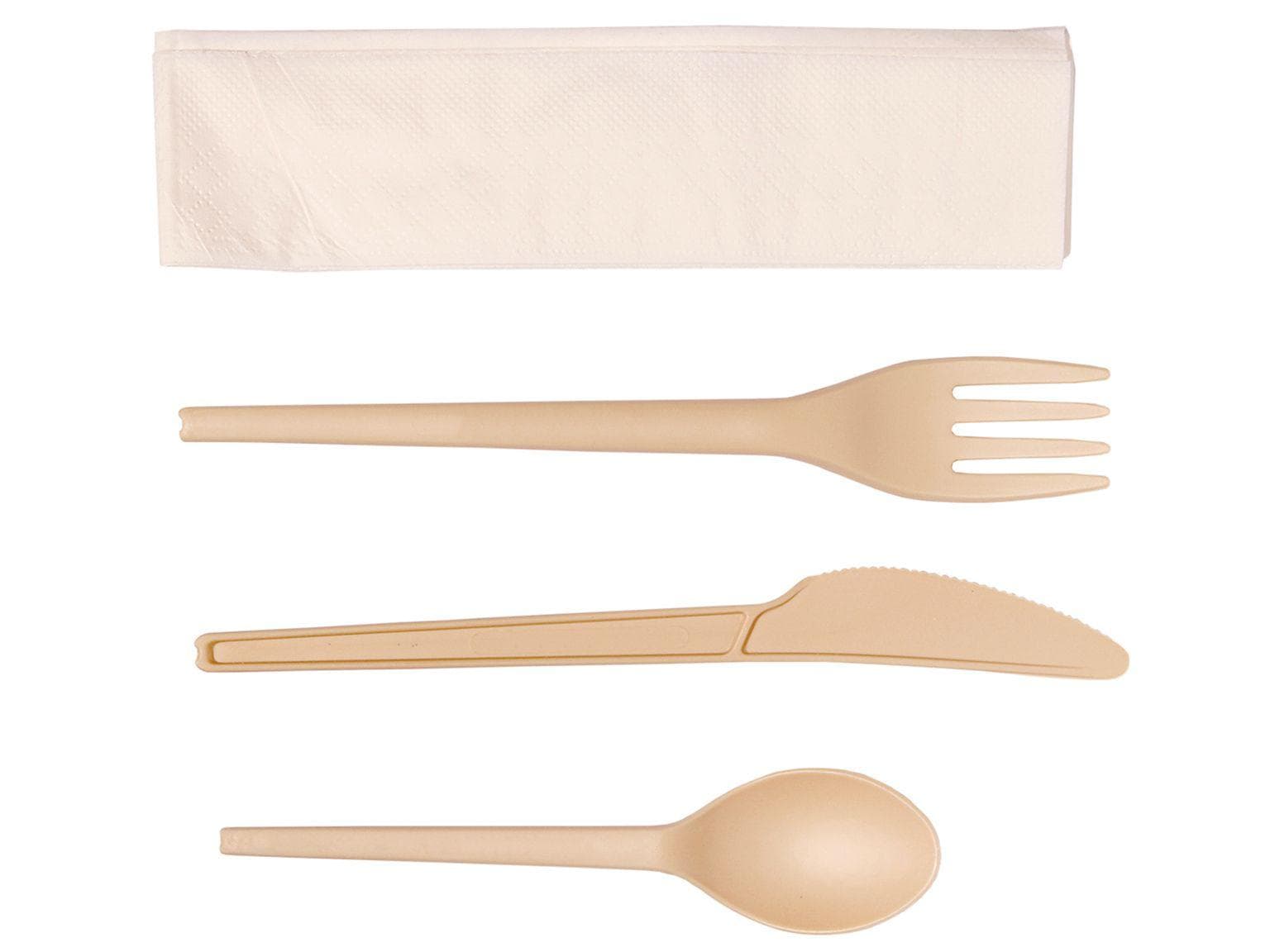 Set di posate coltello + forchetta + cucchiaio + tovagliolo, beige, CPLA