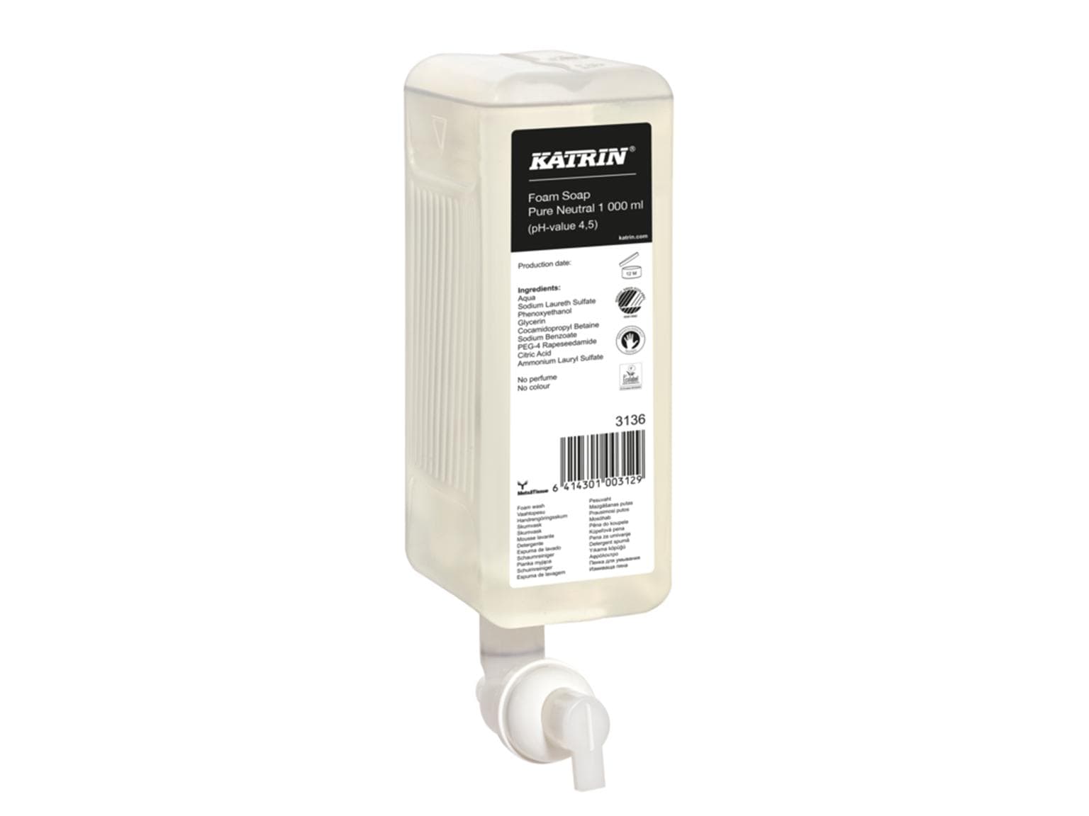 Mousse lavante pour les mains Katrin 1,0 litre, douce pour la peau, parfum neutre