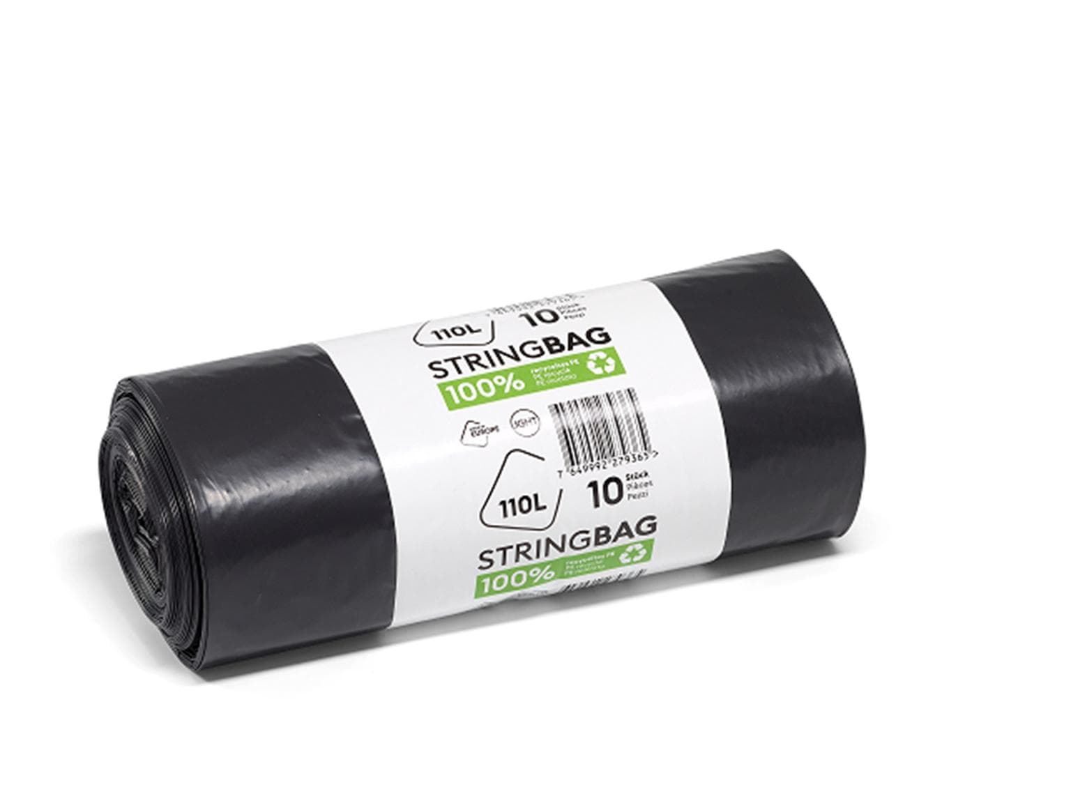 Sacchi per la spazzatura da riciclaggio Budget da 110 litri, 370/330 x 1100 mm, con cinghia di chiusura,