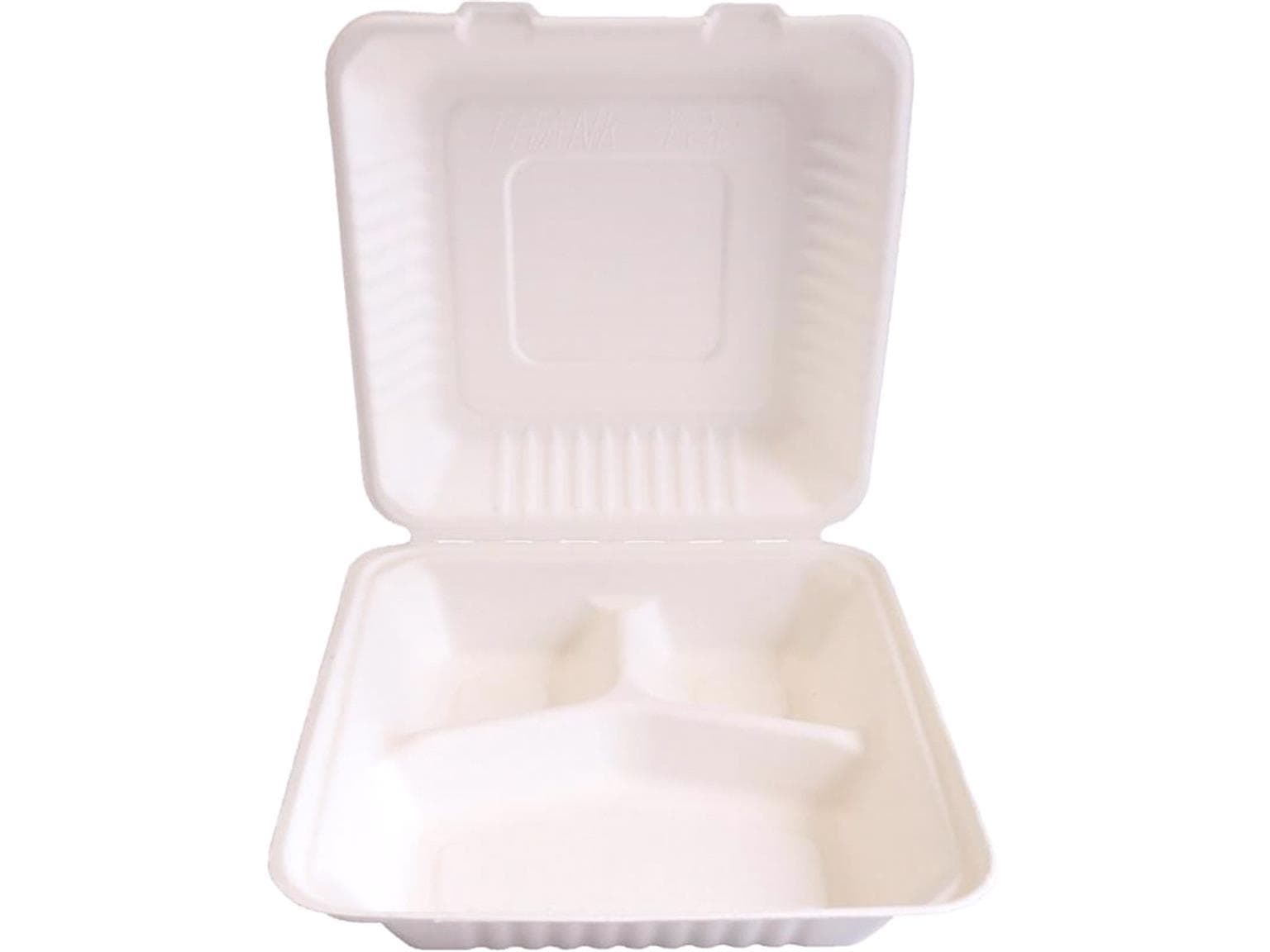 Boîte à menu en bagasse, carrée, 3 pièces, 23 x 23 x 8,5 cm, blanche