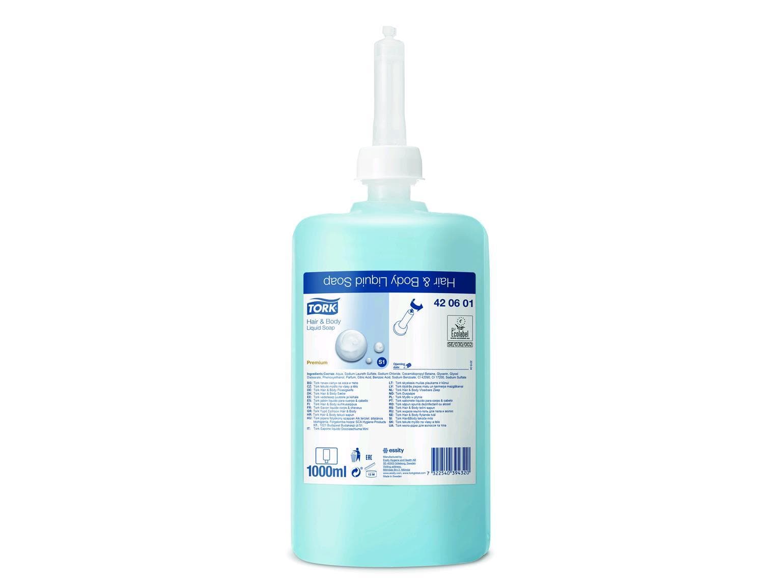 Savon liquide Tork Premium Cheveux & Corps, bouteille de 1 l, bleu, extra doux,