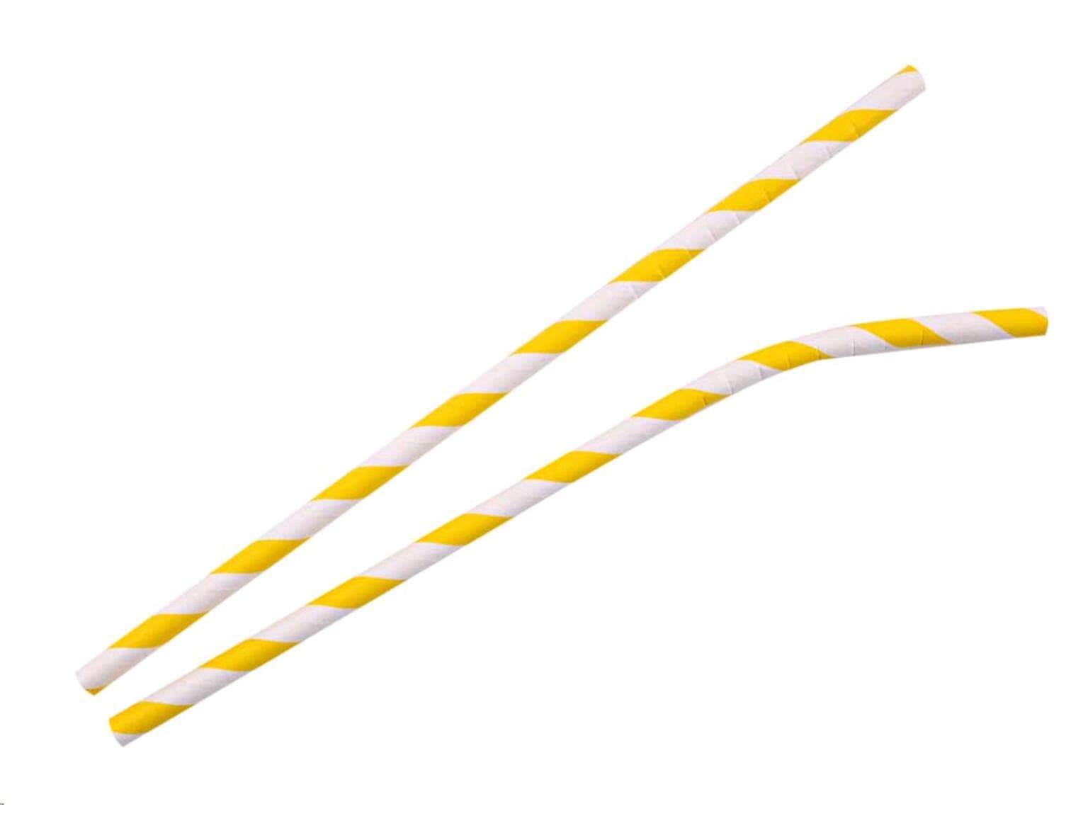 Cannucce di carta con curvatura, ø 6 mm, lunghezza 197 mm, colore giallo/bianco