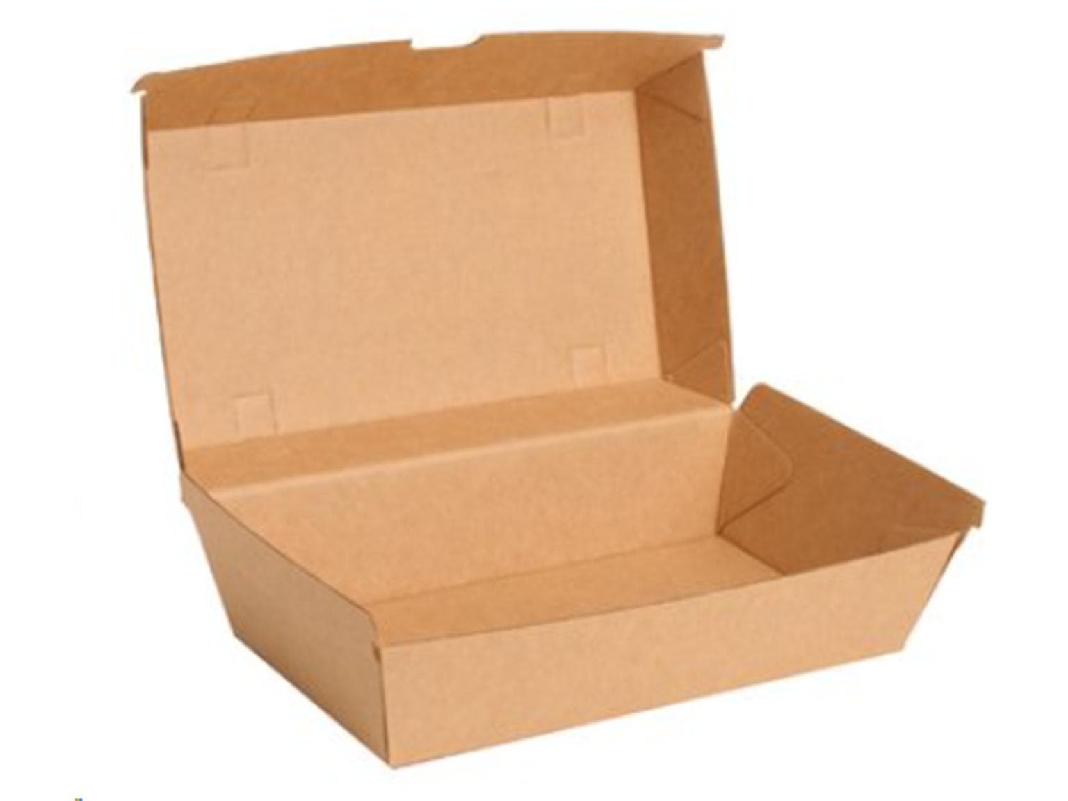 Scatola porta-menù con coperchio incernierato, realizzata in cartone kraft marrone, non patinato all'interno, con
