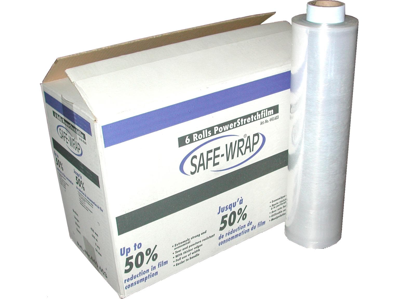 Film étirable à la main Safe-Wrap 8 my 43 cm x 600 m, pré-étiré, transparent