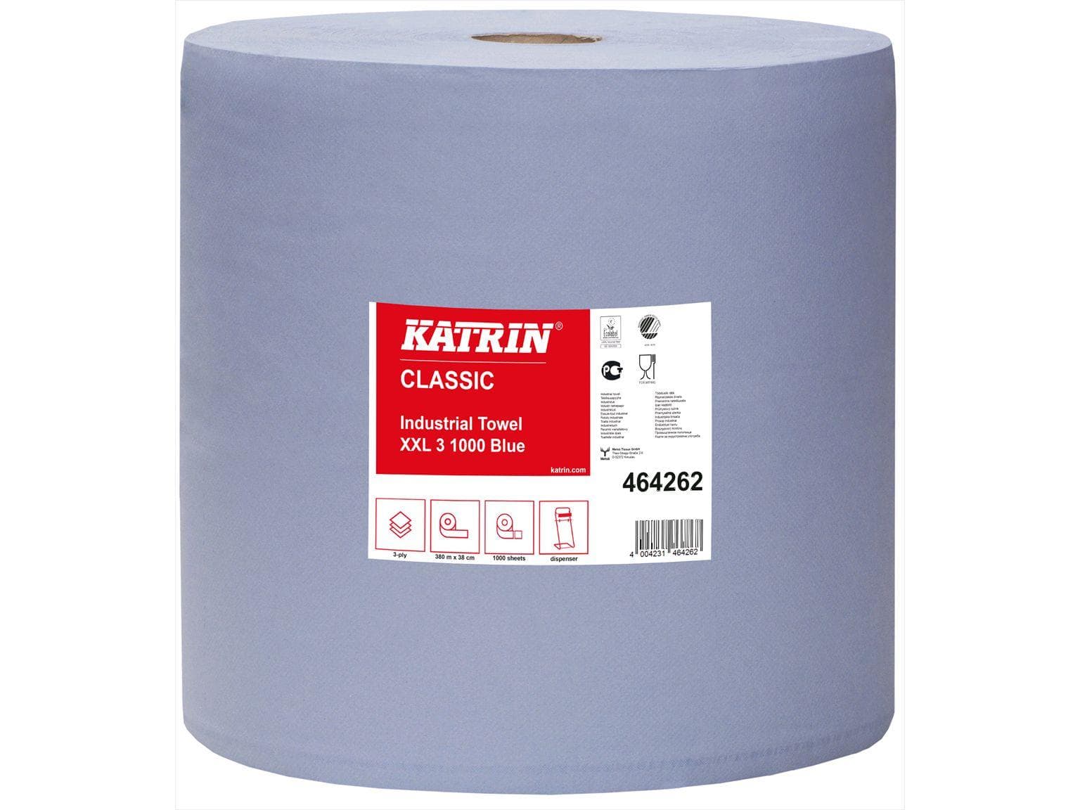 Rouleaux de chiffons de nettoyage Katrin XXL3 bleu, 3 plis 38 x 38 cm, gaufrés, 380 mètres linéaires, perforés