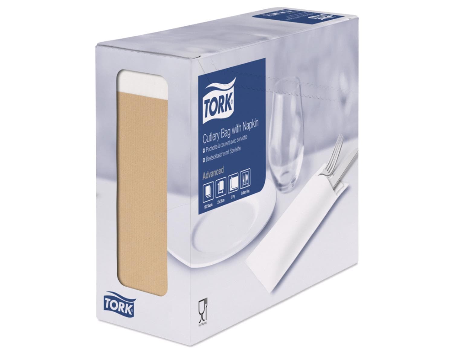 Sacchetto portaposate Tork Natur con tovaglioli bianchi, 39 x 23 cm, 2 veli,