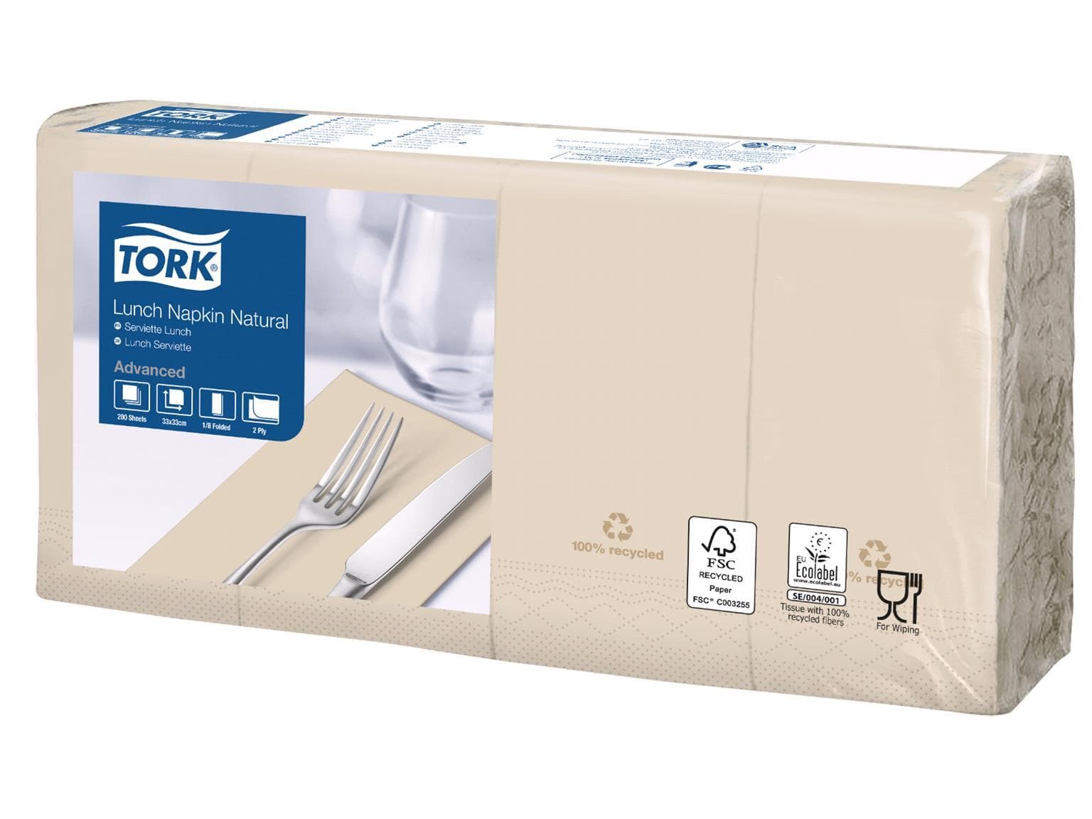 Serviette de table Tork naturelle, 2 plis, 33 x 33 cm, pli 1/8