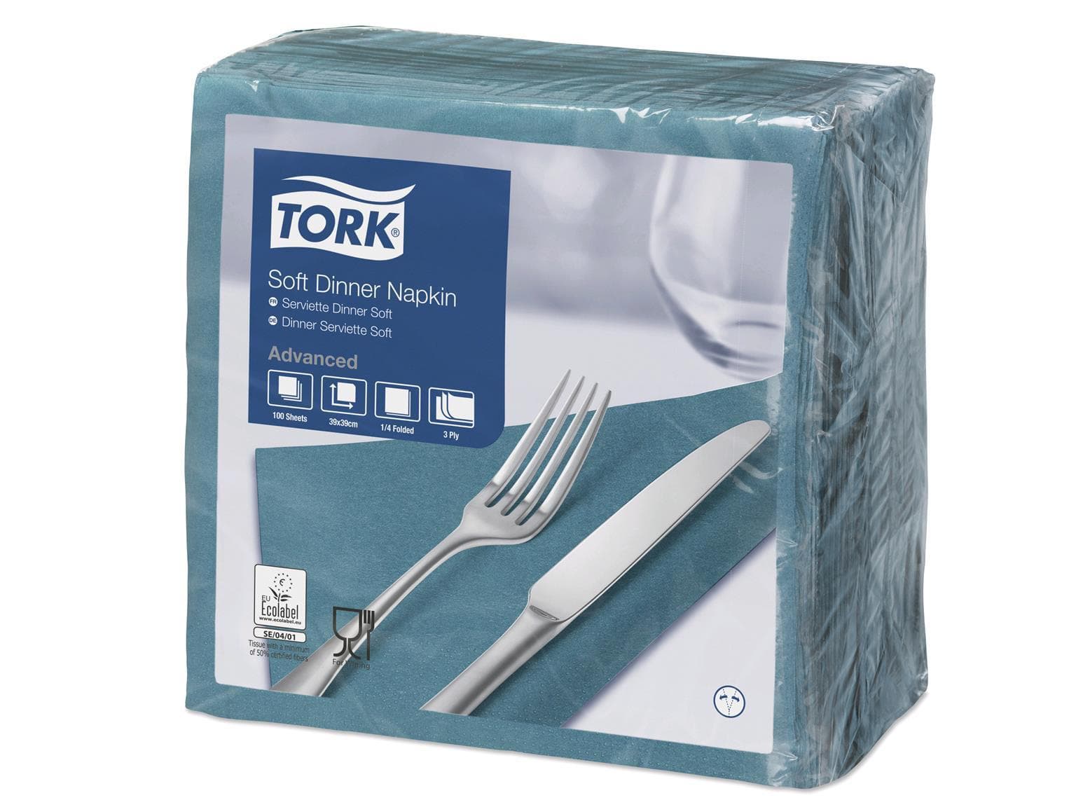 Tovaglioli Tork Soft Dinner, 3 veli, 39 x 39 cm, piegati in 1/4, blu-verde