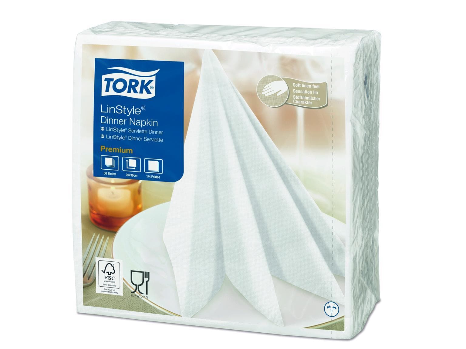 Tovaglioli Tork LinStyle Dinner, tovaglioli 39 x 39 cm, piegati in 1/4, bianchi